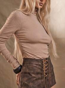 MUSERA WESTERN Sheer High Neck Ruched Top Going Out Top Vacation Spring Summer Ibiza Boho Fall - Apricot - View 5