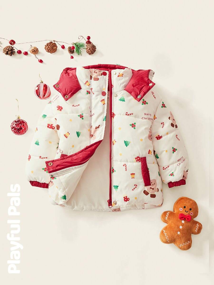 SHEIN 1pc Young Boys Cute/Vintage/Fun/Cartoon Gingerbread Man/Reindeer/Christmas Tree Print Thick Long Sleeve Top For Christmas, Spring/Autumn/Winter - Apricot - View 1