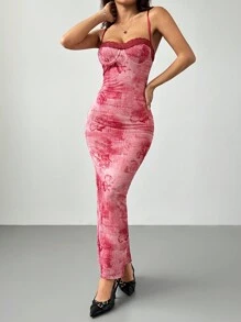 SHEIN PETITE Sexy Printed Red Retro Pattern Printed Lace Women's Tight Slim Long Women's Suspender Dress Suitable For Dates - Pink - View 7