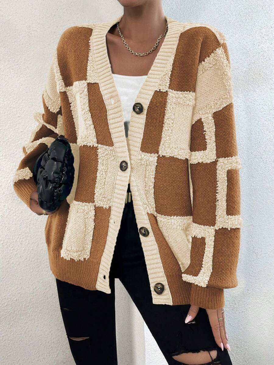 SHEIN Unity Women Casual Color Block Plaid Single-Breasted Cardigan, Autumn - Multicolor - View 1