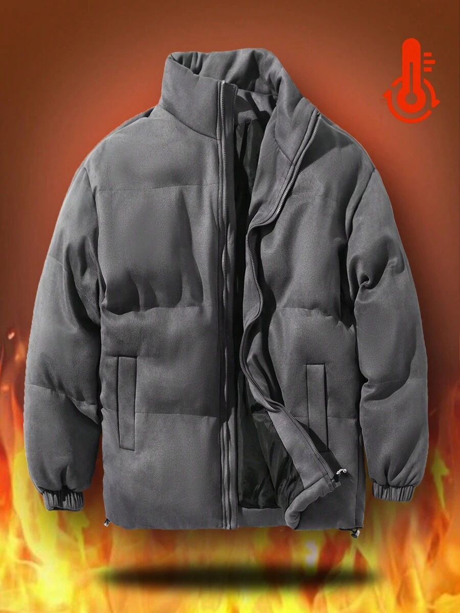 Manfinity Running Boyfriend Style Men's Casual Everyday Zip Up Stand Collar Loose Fit Padded Coat, Heated Jacket Men's Puffer Jacket Warm Jacket Heated Jacket Men Puffer Men Coats Puffer Jacket - Grey - View 1