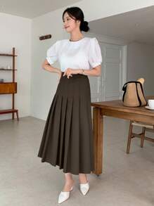 DAZY Women Casual Solid Color Pleated Mid-Length Skirt, For Everyday Wear In Autumn - Chocolate Brown - View 4