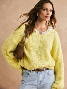 Poéselle Yellow Sweater,Women's Casual Solid Color Drop Shoulder Loose Knit Sweater, Fall Women Clothes,Winter Women Clothes,Fall Sweaters, Fur Sweaters,Dopamine-Colored Sweater,Elegant And Gentle, Warm And Comfortable, Suitable For Daily, Street, Commuting, Dating, Home And Other Occasions To Wear - Yellow - View 1