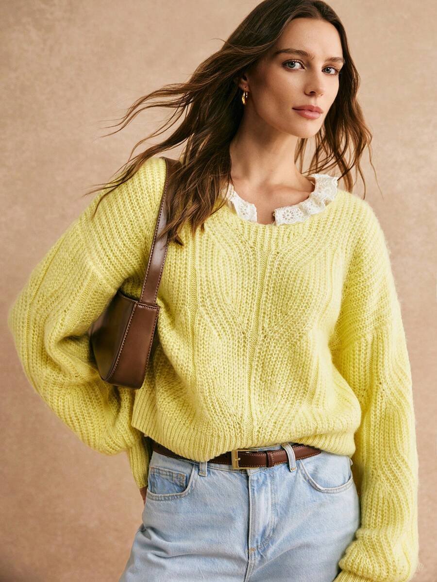 Poéselle Yellow Sweater,Women's Casual Solid Color Drop Shoulder Loose Knit Sweater, Fall Women Clothes,Winter Women Clothes,Fall Sweaters, Fur Sweaters,Dopamine-Colored Sweater,Elegant And Gentle, Warm And Comfortable, Suitable For Daily, Street, Commuting, Dating, Home And Other Occasions To Wear - Yellow - View 1