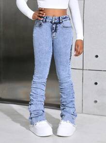 SHEIN Quần ống loe xếp ly màu xanh vintage dáng Y2K cho bé gái SLAYR KIDS, phong cách đường phố mùa thu. - Rửa trung bình - Xem 4