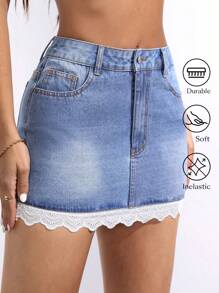 Women's Pockets Patchwork Embroidery Scalloped Hem Bodycon Denim Skirt - Blue - View 1