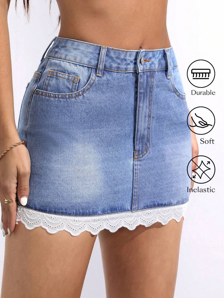 Women's Pockets Patchwork Embroidery Scalloped Hem Bodycon Denim Skirt - Blue - View 1