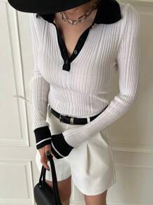 DAZY Women Colorblock Polo Collar Fitted Sweater,Fall Clothes