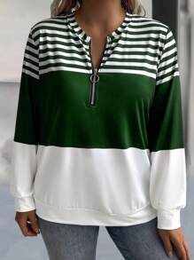 SHEIN LUNE 秋季大码休闲日常穿搭撞色条纹拉链卫衣 - 綠色 - 查看 6