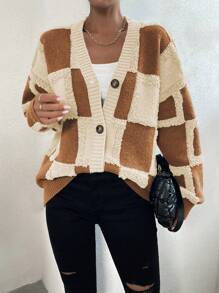 SHEIN Unity Women Casual Color Block Plaid Single-Breasted Cardigan, Autumn - Multicolor - View 4