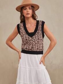 WESTFADE Leopard Pattern Cropped Sweater Vest