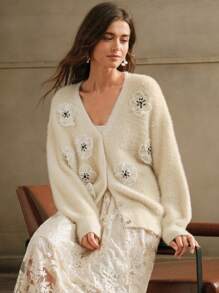 Anewsta 奢华圣诞加厚 3D 花卉串珠针织优雅开衫，秋冬 - 杏色 - 查看 6