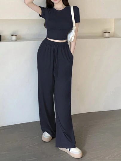 DAZY 2 件套女士休闲纯色短袖上衣和裤子夏季