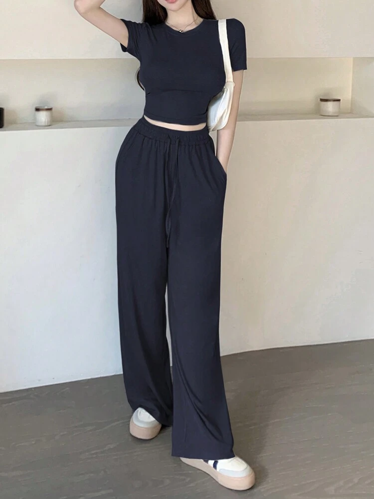 2pcs/Set Women Casual Solid Color Short Sleeve Top And Pants Summer