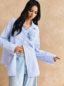 Poéselle 女式衬衫蓝色碎花衬衫 3D 碎花条纹长袖落肩休闲衬衫，秋季衬衫长袖女式衬衫女式衬衫可爱衬衫超大衬衫蓝色衬衫基础款纽扣海军蓝衬衫 2024 秋冬，冬装