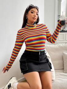 SHEIN EZwear 大码女式时尚彩色条纹高领 T 恤，秋季