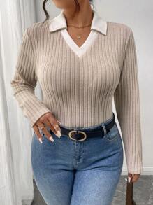 SHEIN Frenchy 纯色块长袖T恤，加大码V领，翻领秋冬长袖T恤，色块T恤，柔软条纹面料，百搭女装，适合外出，休闲日常穿着 - 杏色 - 查看 4