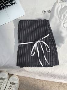 Comfortcana Short Leggings Attached Skirt With Tied Waist For Fall - Dark Grey - View 4