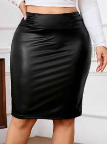 SHEIN Privé تنورة ضيقة طول الركبة مصممة بخصر عالي ومطوية، بأسلوب INS الشخصي للحفلات والكلية، من الجلد البولي يوريثان، أنيقة وذكية للارتداء اليومي - الأسود - مشاهدة 3