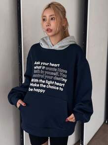 DAZY Color Block Patchwork Thermal Lined Hoodie Sweatshirt With Letter Print For Women,Fall Clothes