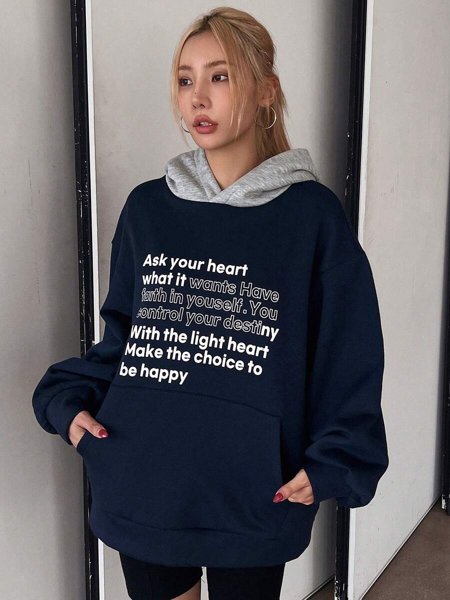 DAZY Color Block Patchwork Thermal Lined Hoodie Sweatshirt With Letter Print For Women,Fall Clothes