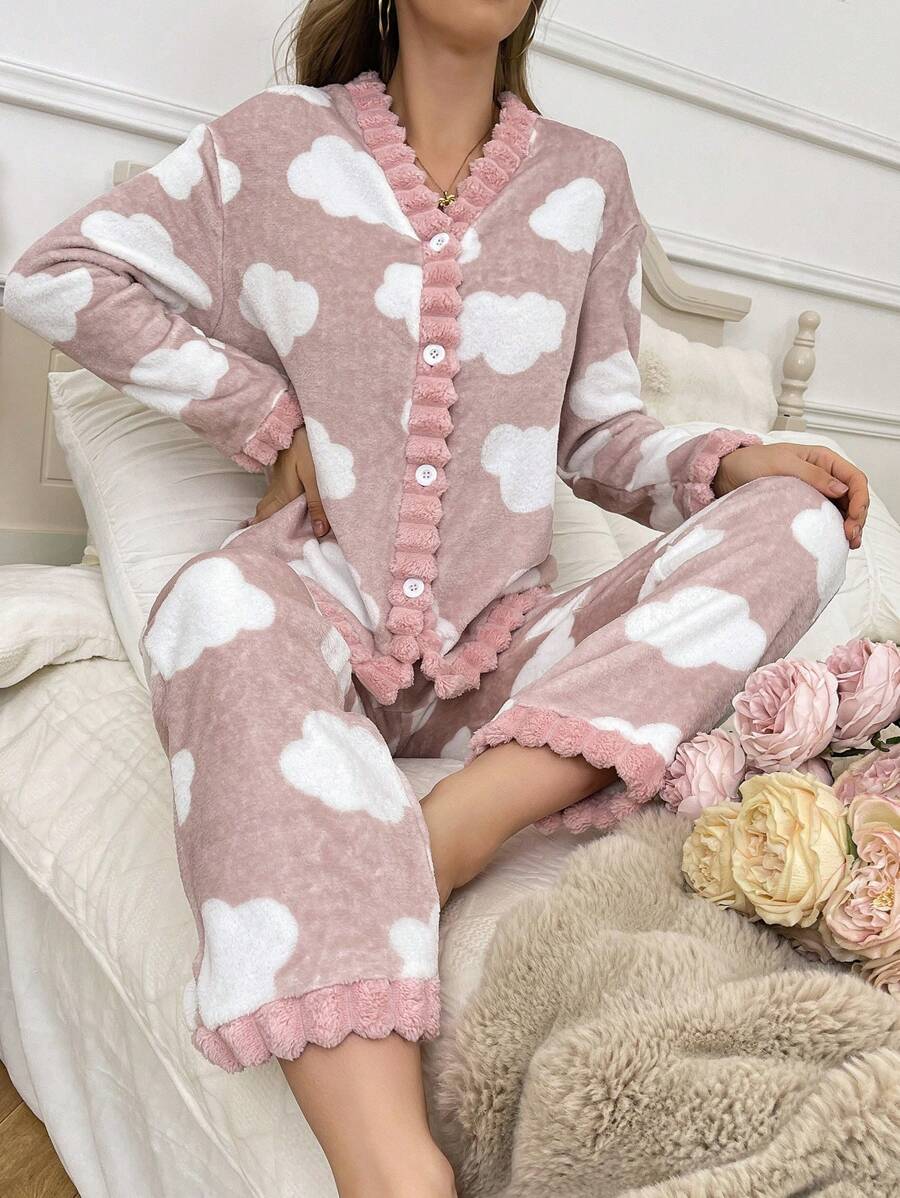 Cloud Pattern Plush Women Fluffy Pajama Set, Fall Winter Clothes, Cozy - Multicolor - View 1