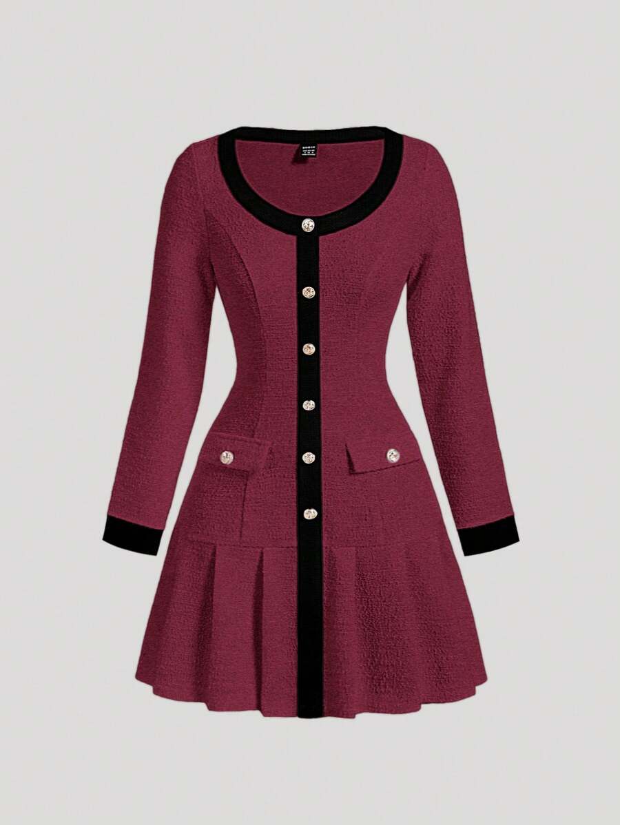 SHEIN MOD Black & White Contrast Pleated Bodycon Long Sleeve Dress, Knitted Texture - Burgundy - View 1