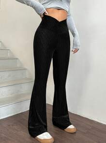 SHEIN EZwear 高腰纯色喇叭裤 - 黑色 - 查看 5