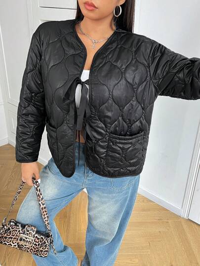 SHEIN EZwear Plus Size Women Warm Padded Jacket, Cold Weather Thermal Quilted Coat, Fall/Autumn Black Padded Outerwear