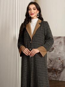 Al Najma 优雅拼色翻领格子长袍，秋冬季，优雅开放式长袍，适合休闲日常/旅行/度假，朴素的长袖阿拉伯长袍 - 棕色 - 查看 8