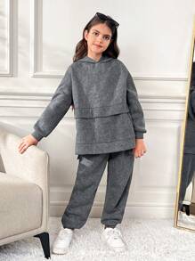 SHEIN Bộ 2 quần áo hoodie và quần dài thoải mái, giản dị cho bé gái tuổi teen, trang phục tối giản đa năng - Xám - Xem 5
