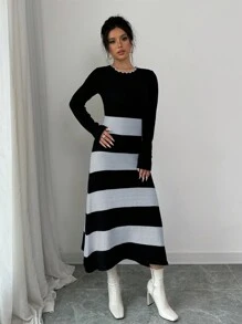 Elenzga 女士拼色简约条纹毛衣裙 - 灰色 - 查看 4