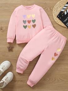 Elladie kids 2pcs Set, Young Girl Heart Print Crew Neck Sweatshirt And Cuffed Pants, Casual, Autumn - Pink - View 3
