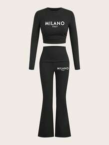 Slaydiva 2 件套女士休闲简约圆领长袖紧身短款上衣和喇叭裤/长裤