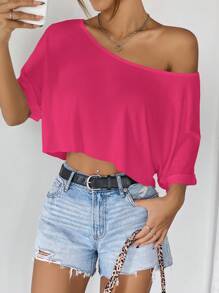 SHEIN EZwear Rose Pink Women's Oversized One Shoulder Turtleneck T-Shirt - Hot Pink - View 5