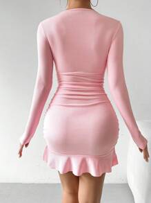 Zolique Women's Solid Color V-Neck Long Sleeve Ruched Waist Flounce Hem Dress, Autumn Fall Cloth For Women - Pink - View 2