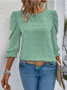 EMERY ROSE Blusa de mujer de talla grande de cuello redondo elegante, unicolor, mangas abullonadas de 3/4, de otoño - verde menta - Ver 5