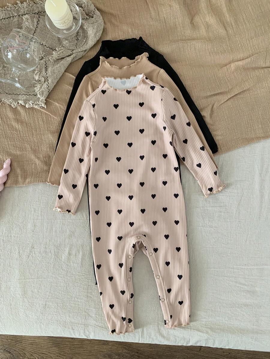 SHEIN LMoss Kids LMoss 3pcs/Set Newborn Baby Girl Cute Knitted Elastic Polka Dot Long Sleeve Jumpsuit Set, Autumn/Winter - Multicolor - View 1