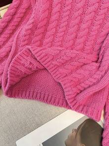 Jersey de punto con manga larga y cuello alto en unicolor fucsia para niñas preadolescentes, cálido para otoño e invierno - Rosa Fucsia - Ver 5