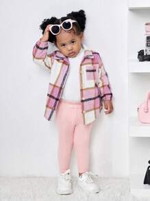 SHEIN 3-delige set met geruite babyjas voor meisjes, elastische taillebroek en witte gebreide basislaag, herfst/winter