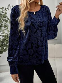 EMERY ROSE Áo thun nữ tay dài thanh lịch màu xanh dương chất liệu nhung, thích hợp mặc trong dịp Lễ Tạ ơn. - Màu xanh hải quân - Xem 3