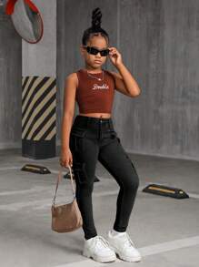 SHEIN Tween Girl 的 Y2K 黑色弹力高腰工装牛仔裤，配有多个口袋，Tween Girl 秋季返校街头装牛仔裤 - 黑色 - 查看 5