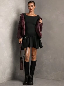 SHEIN BAE Women's Fall/Winter Brown Metal Decoration Round Neck Long Sleeve Casual Dress With Waist Ring & Ruffle Hem,Maroon Dress,Fall Women Dresses