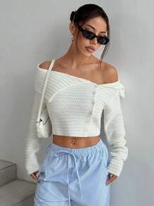 SHEIN Unity 女士休闲纯色性感前开露肩开衫，秋季 - 白色 - 查看 4