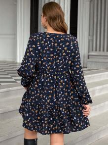 SHEIN LUNE 秋季女士连衣裙大码碎花全印花长袖 V 领荷叶边连衣裙，休闲日常秋季婚礼宾客连衣裙 - 藏蓝色 - 查看 2