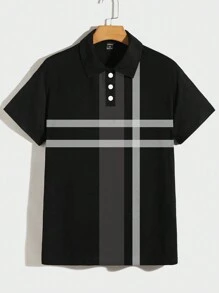 Manfinity Homme 男士夏季休闲日常复古高尔夫 Polo 衫，撞色纽扣和半开领，适合爸爸 - 彩色 - 查看 1