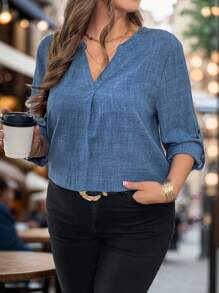 EMERY ROSE Camicetta casual con scollo a V e maniche arrotolate, tinta unita, adatta a donne curvy, per la primavera, l'autunno e l'estate - Blu - Visualizzare 1