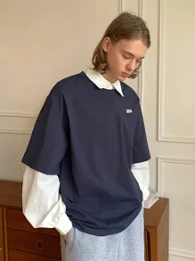 Manfinity VCAY 1 件男士针织时尚休闲 Polo 长袖二合一衬衫 - 藍白色 - 查看 1