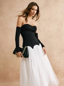 Poéselle 女士纯色拼接露肩长袖休闲长裙，2024 秋冬，冬装，简约时尚，优雅易穿，适合日常、街头、通勤、宴会、派对等场合穿着