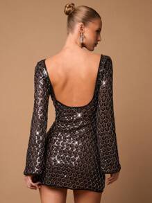SHEIN BAE Váy chữ A dài tay đính sequin và hạt cườm thanh lịch dành cho nữ, thích hợp cho buổi hẹn hò thường ngày, tiệc hộp đêm, váy hở lưng ngọt ngào cho mùa thu - màu đen - Xem 5